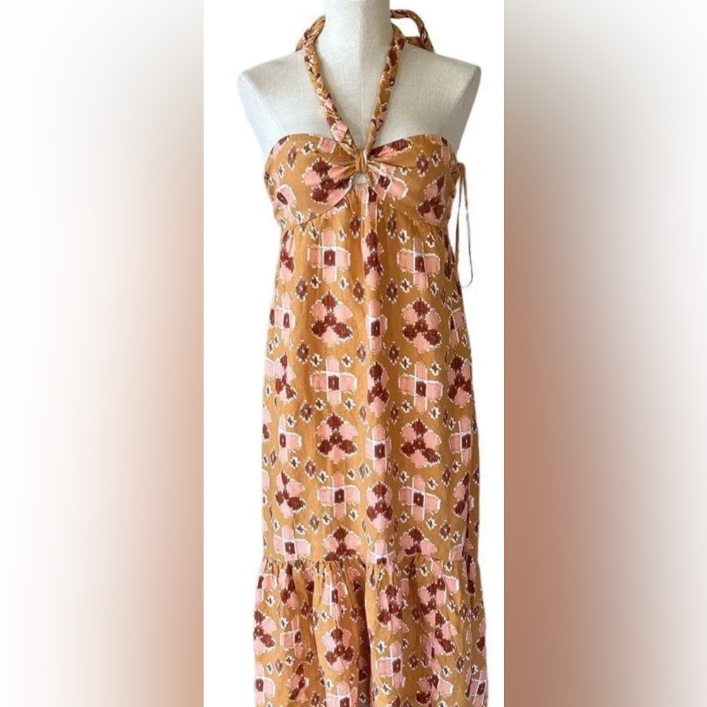 💛 Aerie Halter Maxi Linen Blend Boho Sundress Size M